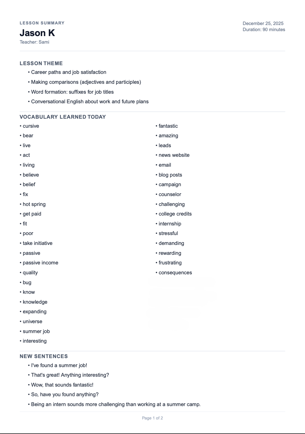 Professional lesson report PDF example